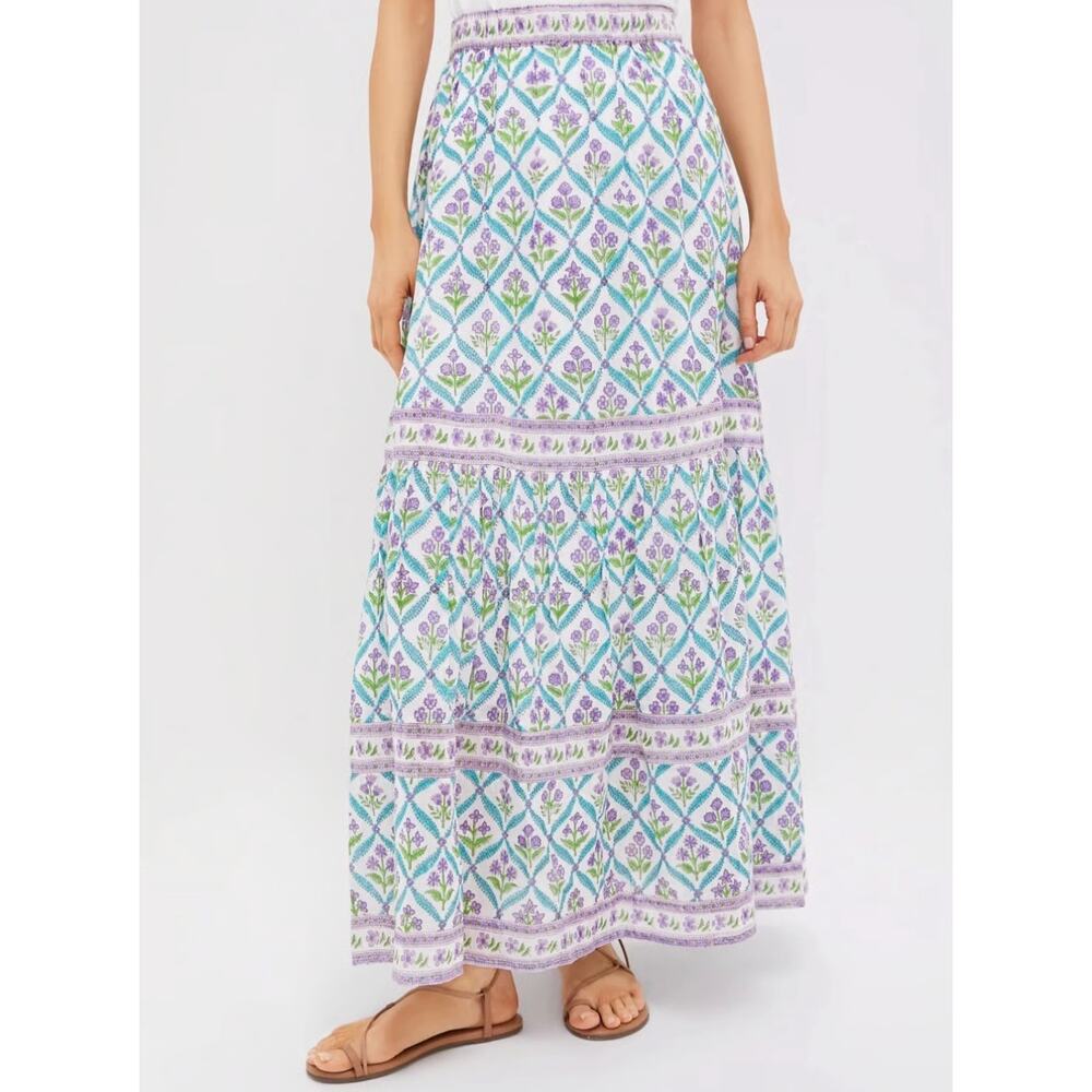 Alicia Bell Sutton Turquoise Purple Floral Silk Cotton Tiered Maxi Skirt Large